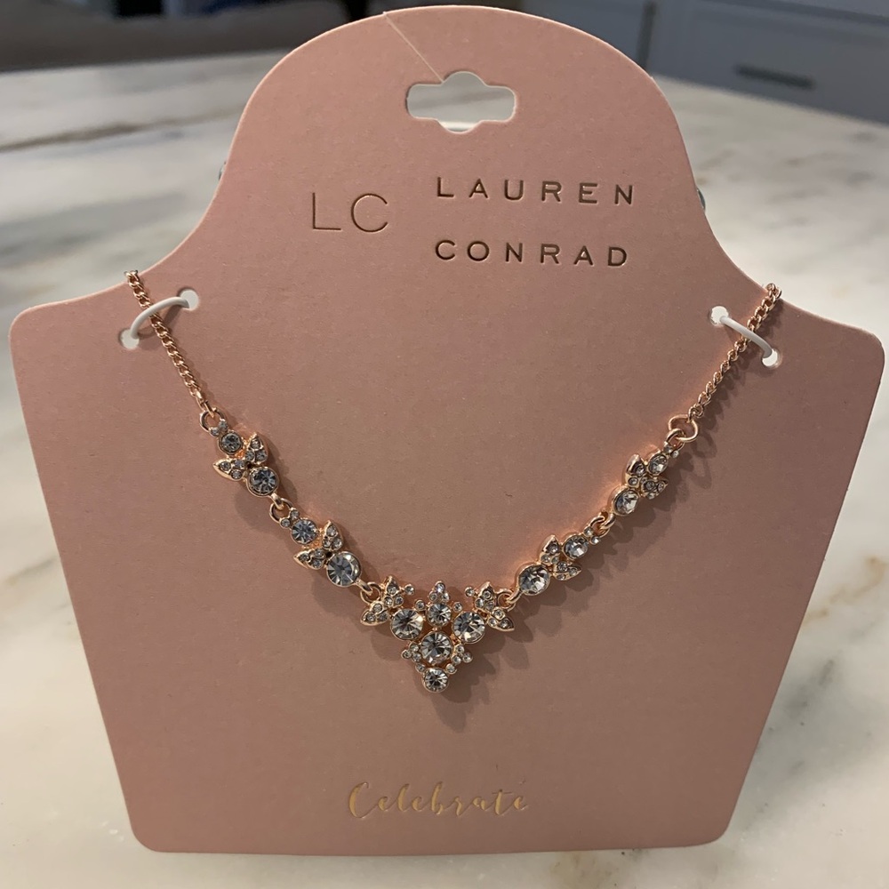 NWT Lauren Conrad Rose Gold Tone With Simulated Crystals V Shaped Necklace